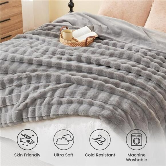 Cozy Bliss Faux Fur Throw Blanket Soft Fluffy Grey Couch Bed Sofa Lightweight - Picture 3 of 7